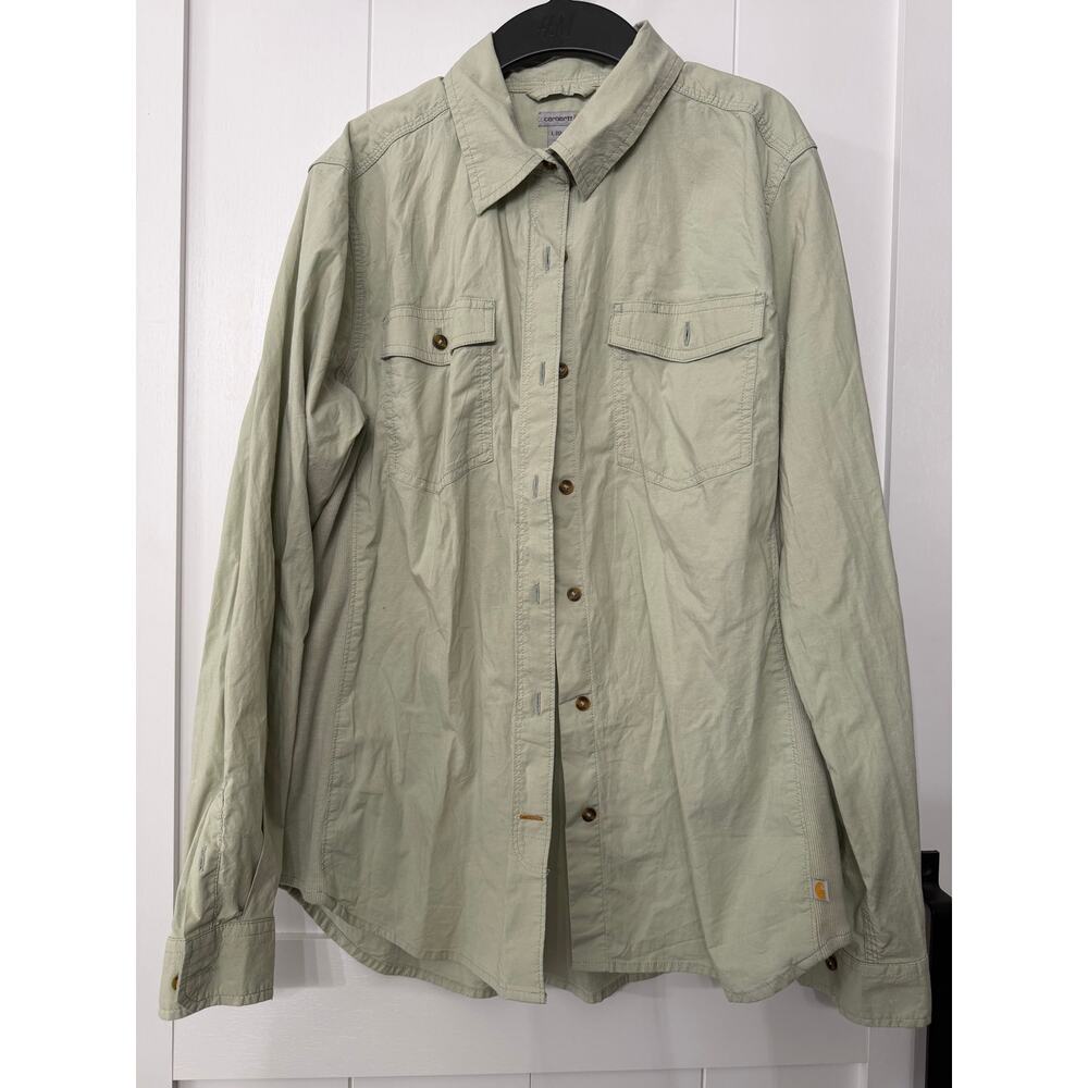 Carhartt Shirt Womens Large 12/14 Green long tab roll up Sleeves Stretch Sides